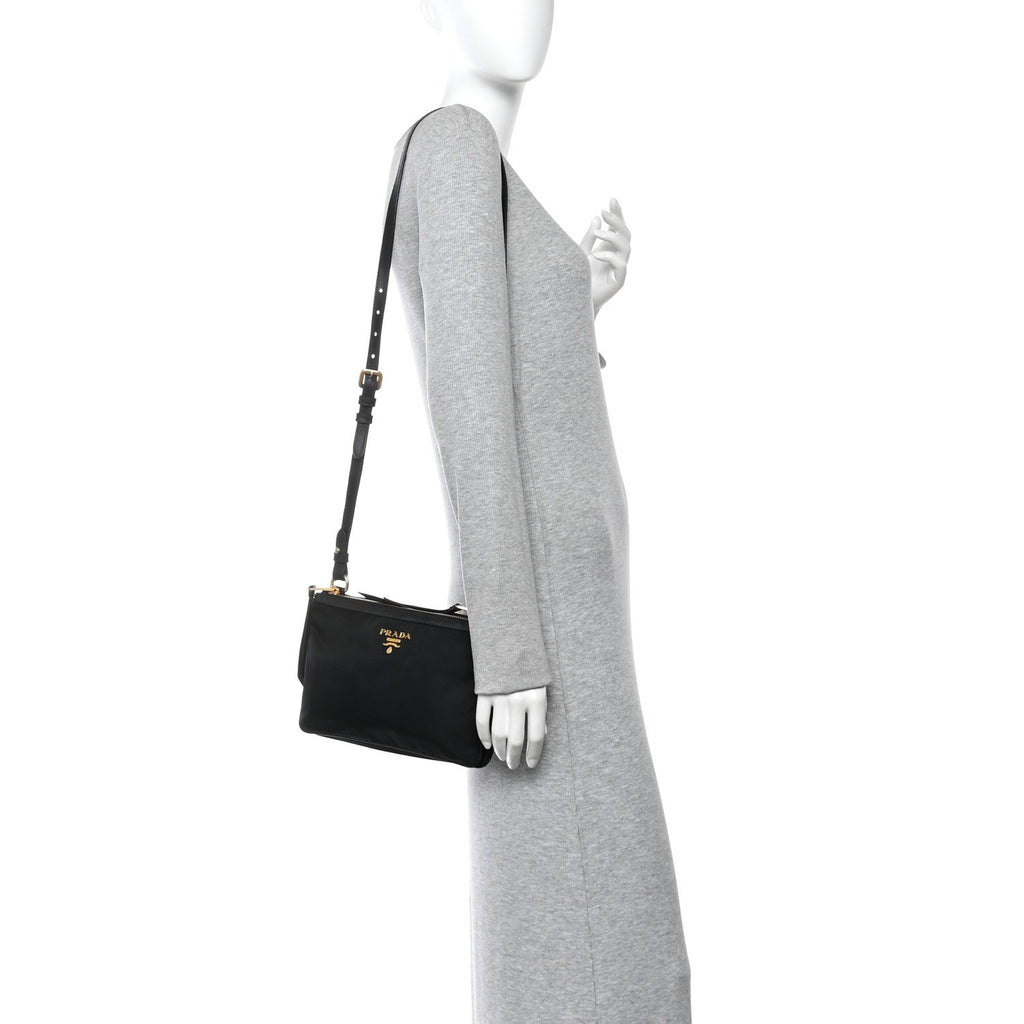 Prada Tessuto Nylon Soft Calf Double Zip Crossbody Bag Black