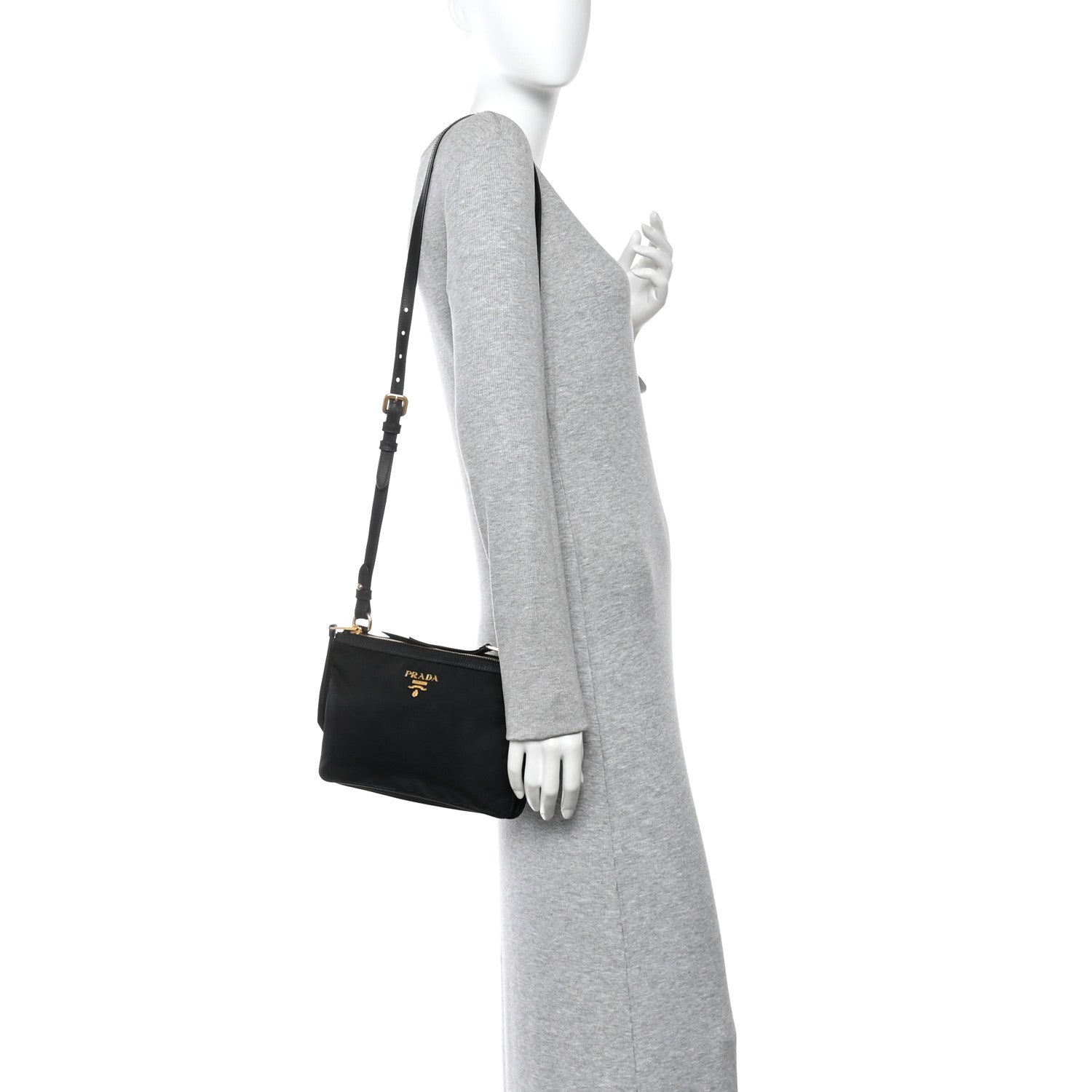 Prada Tessuto Nylon Soft Calf Double Zip Crossbody Bag Black
