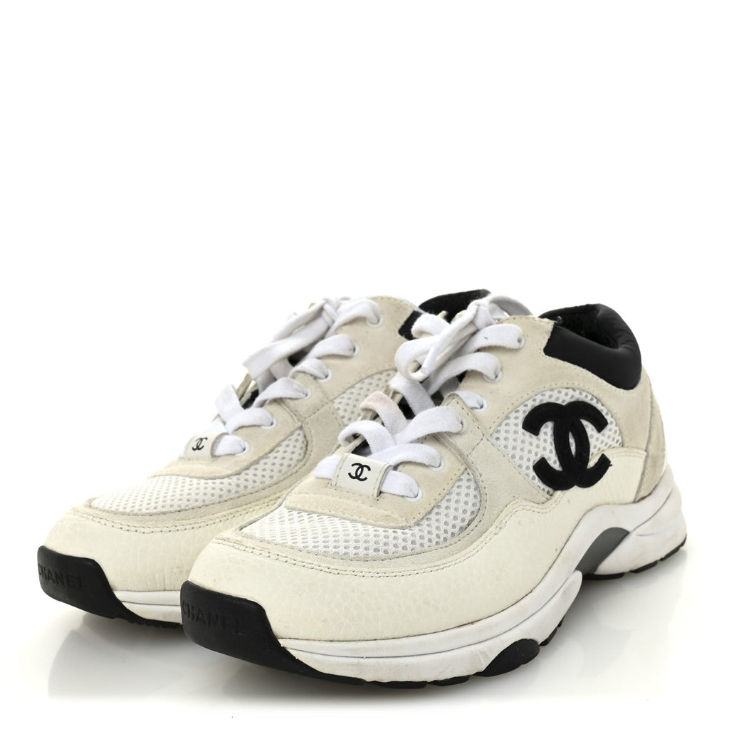 Mesh Suede Grained Calfskin Womens CC Sneakers 37 White Black