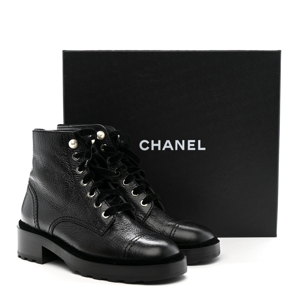 Chanel Shiny Calfskin Velvet Pearl Combat Short Boots 38 Black