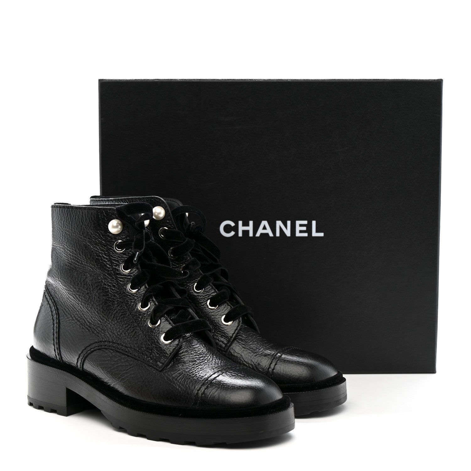 Chanel Shiny Calfskin Velvet Pearl Combat Short Boots 38 Black