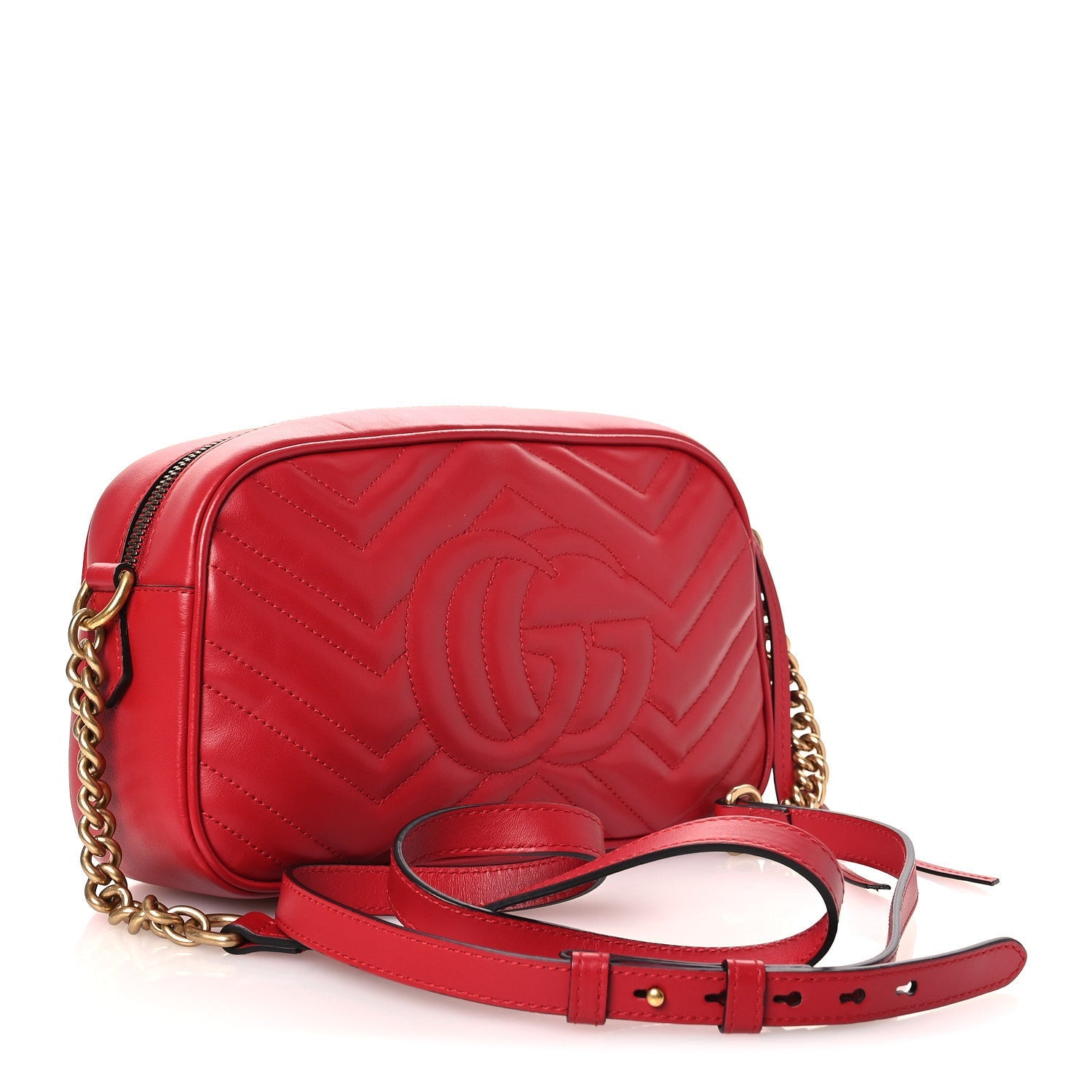 Gucci Calfskin Matelasse Small GG Marmont Chain Shoulder Bag Hibiscus Red