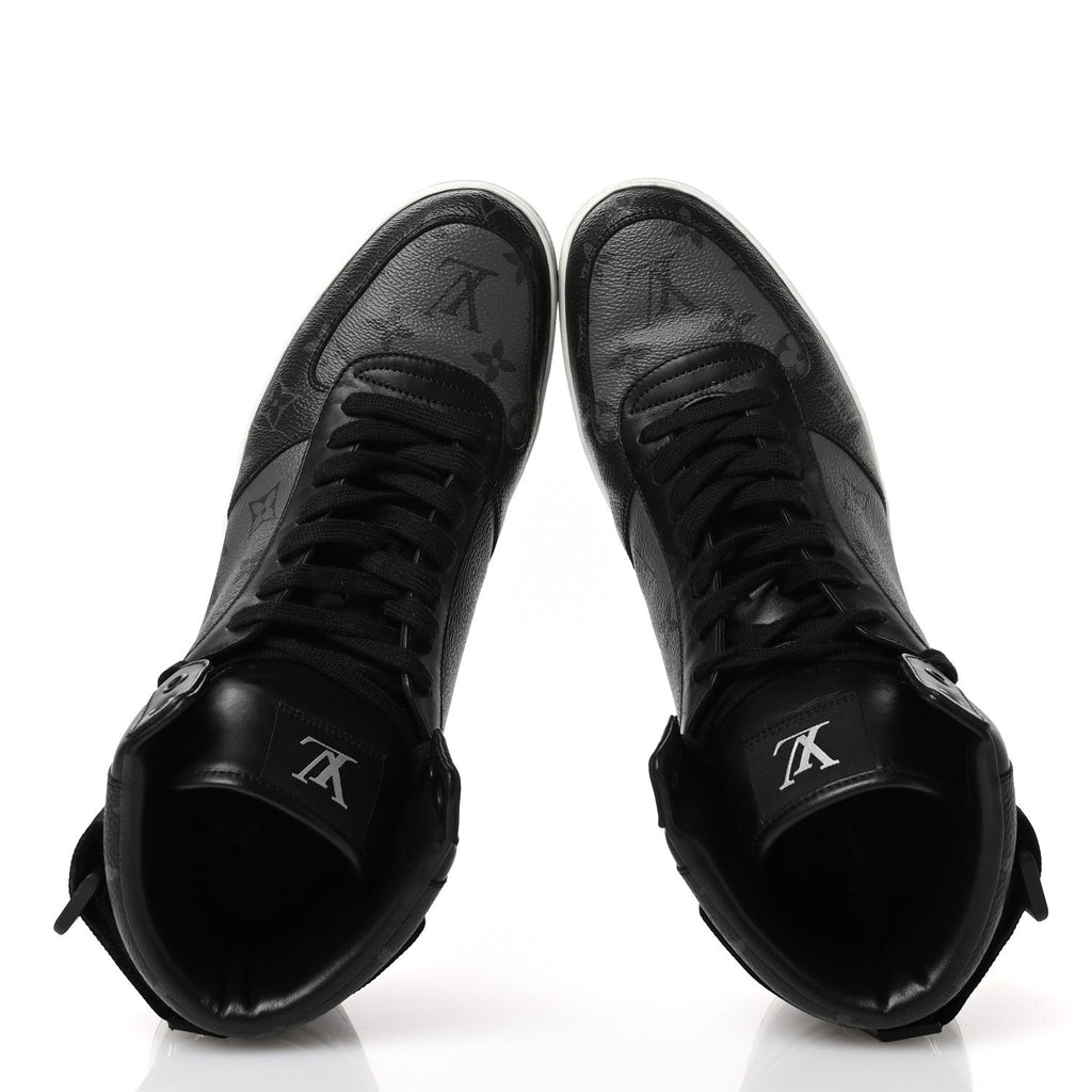 Louis Vuitton Calfskin Monogram Eclipse Mens Rivoli High Top Sneakers 10 Black Grey