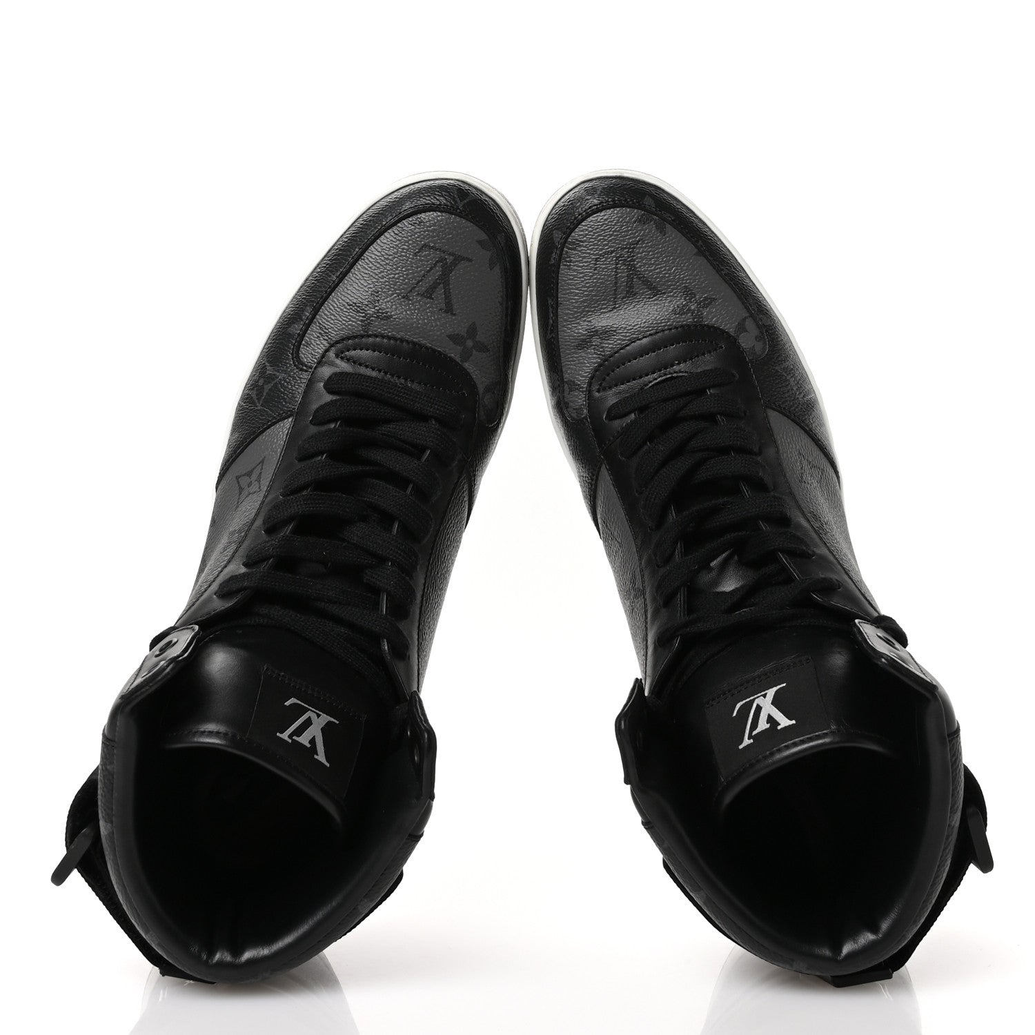 Louis Vuitton Calfskin Monogram Eclipse Mens Rivoli High Top Sneakers 10 Black Grey