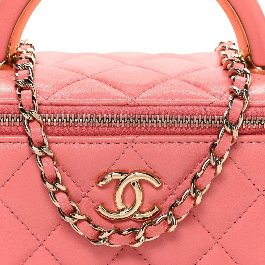 Chanel Lambskin Quilted Small Charming Top Handle Vanity Case With Chain Pink