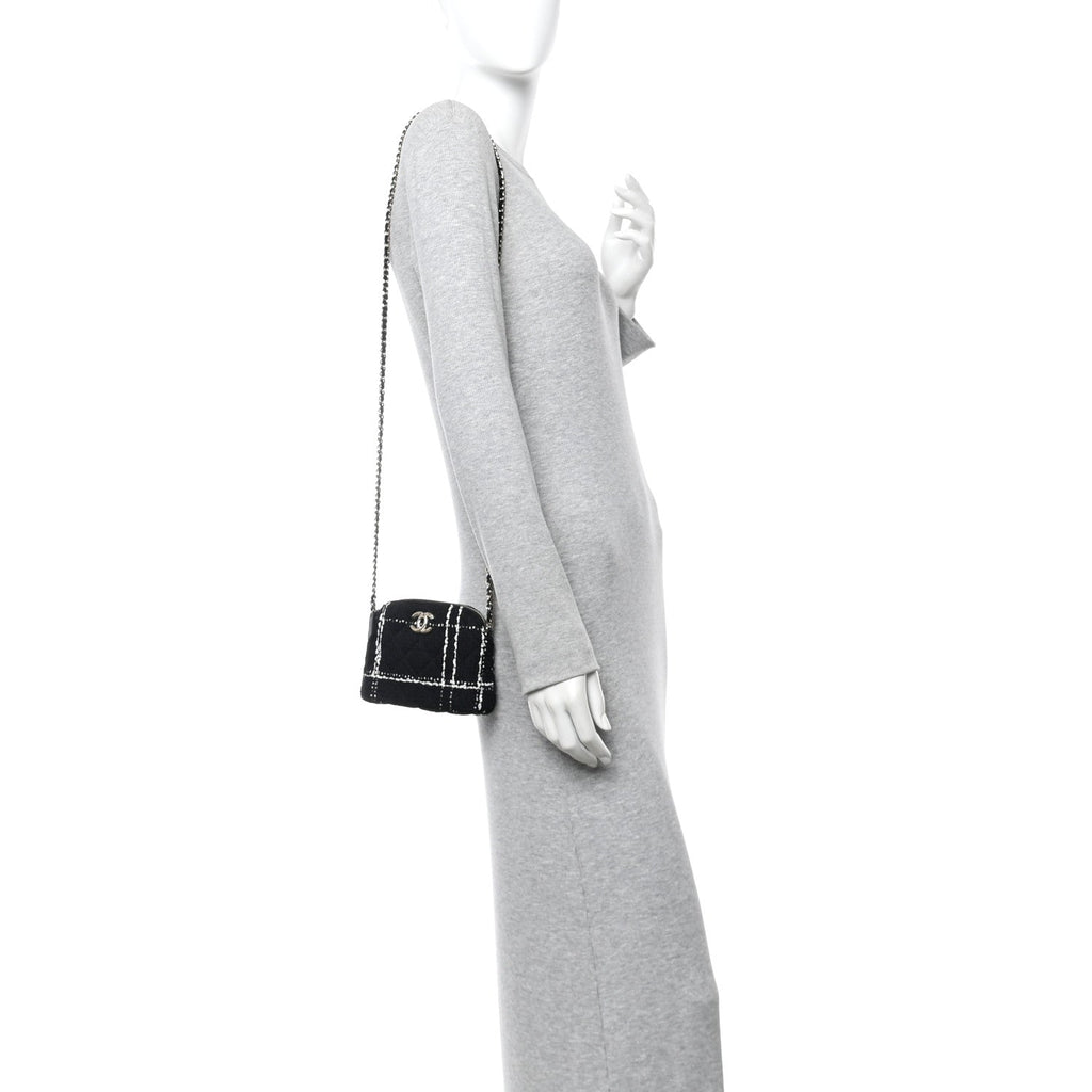 Chanel Tweed Quilted Mini Clutch With Chain  Black White