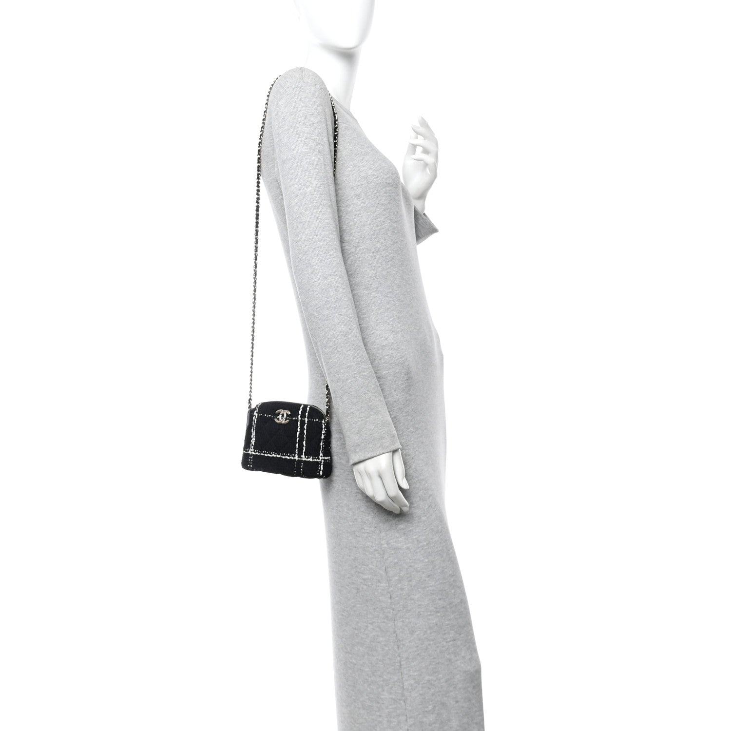 Chanel Tweed Quilted Mini Clutch With Chain  Black White