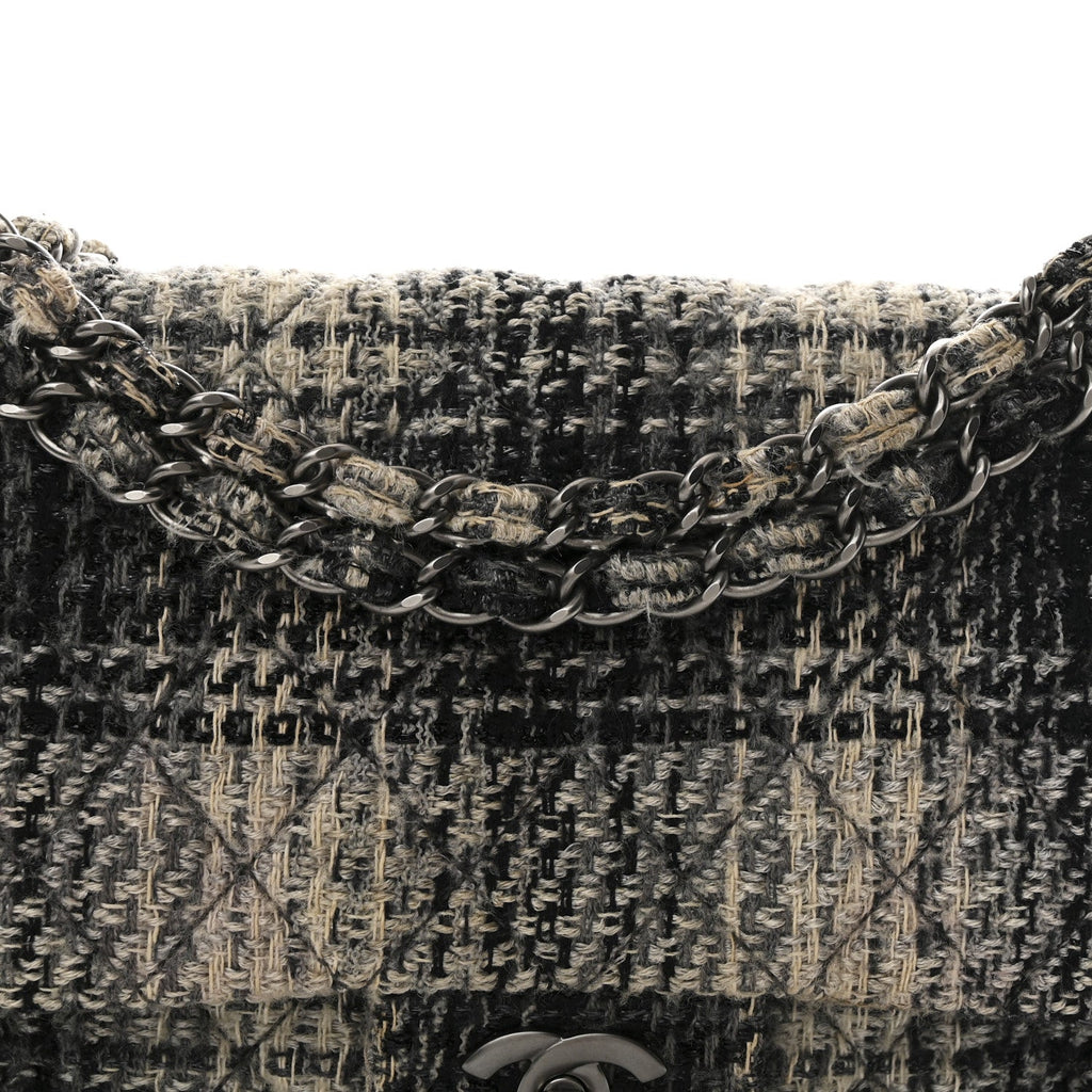 Chanel Tweed Quilted Medium Double Flap Beige White Black