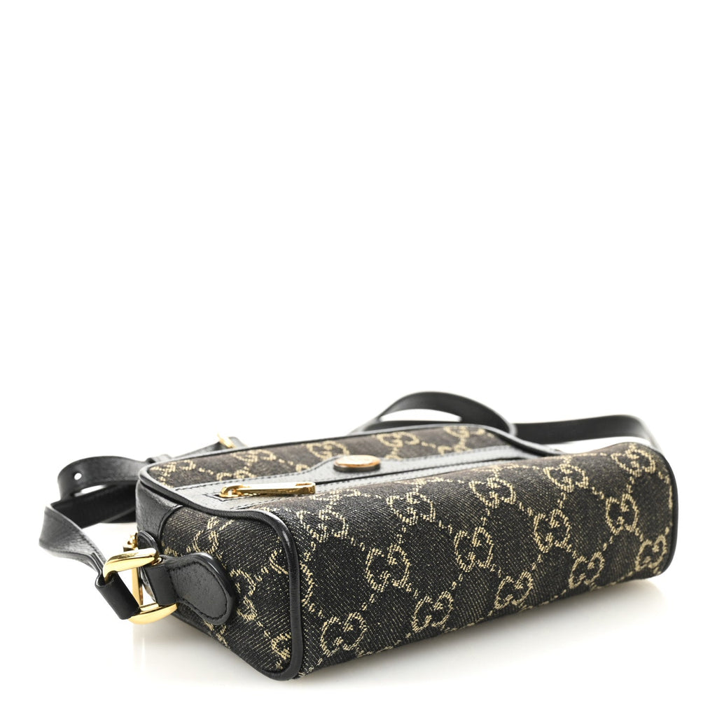 Gucci Jacquard Black Denim GG Monogram Textured Dollar Calfskin Mini Ophidia Shoulder Bag Black Ivory