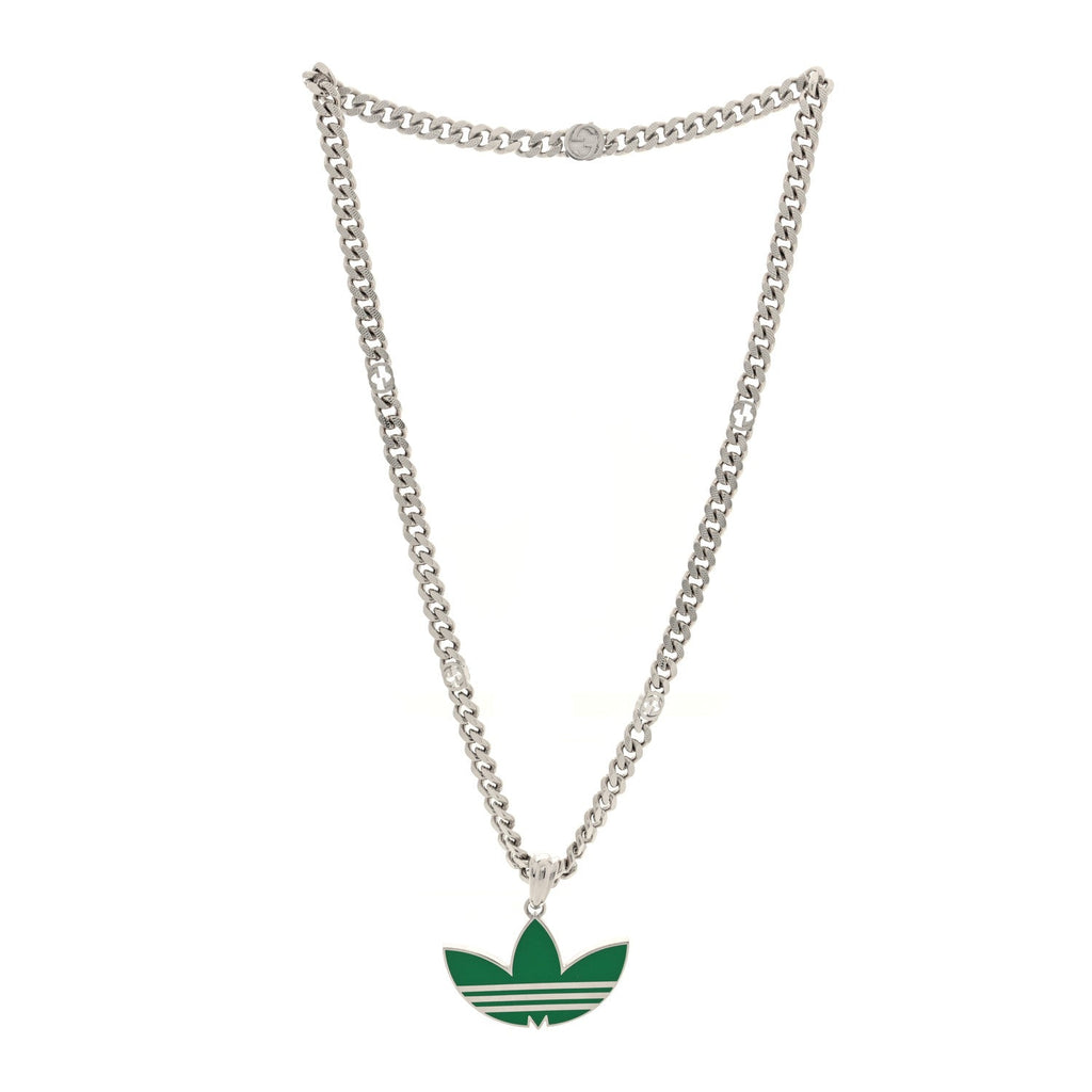 Gucci X ADIDAS Enamel Trefoil Gourmette Pendant Necklace Silver Green