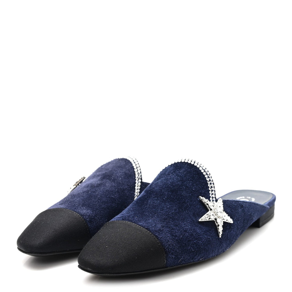 Chanel Suede Calfskin Grosgrain Crystal CC Star Mules  37.5 Blue Black