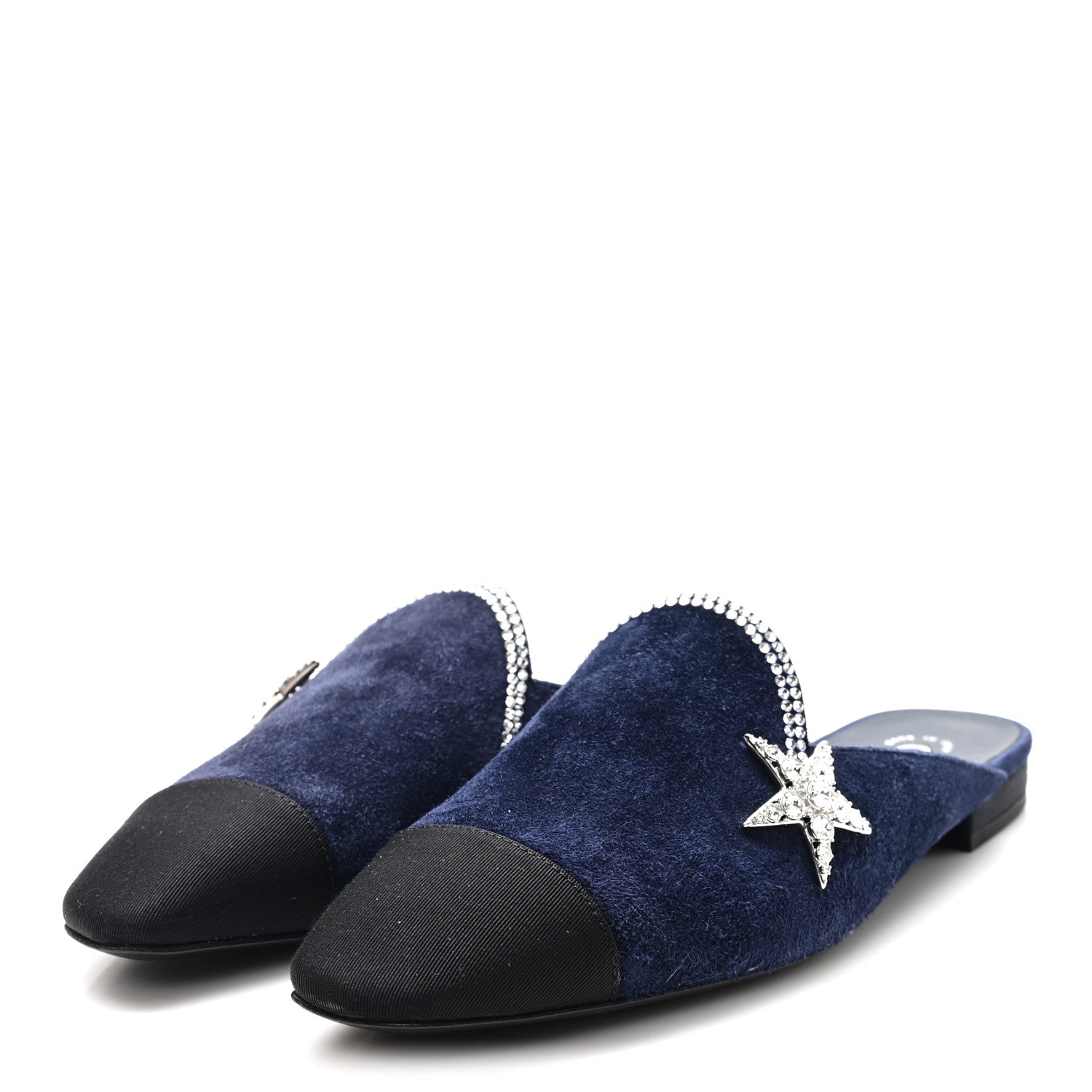 Chanel Suede Calfskin Grosgrain Crystal CC Star Mules  37.5 Blue Black