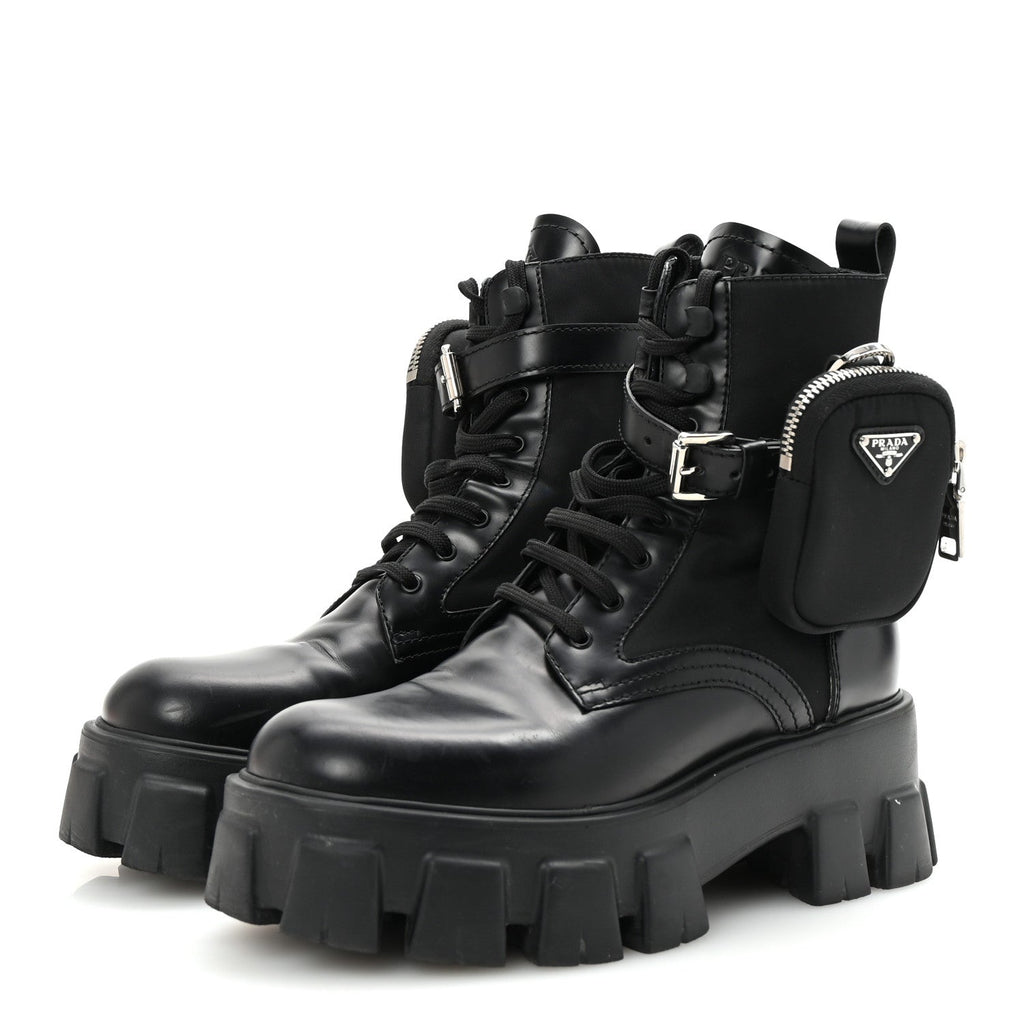 Prada Spazzolato Rois Nylon Metal Triangle Logo Monolith Pouch Pocket 55mm Boots 38 Black
