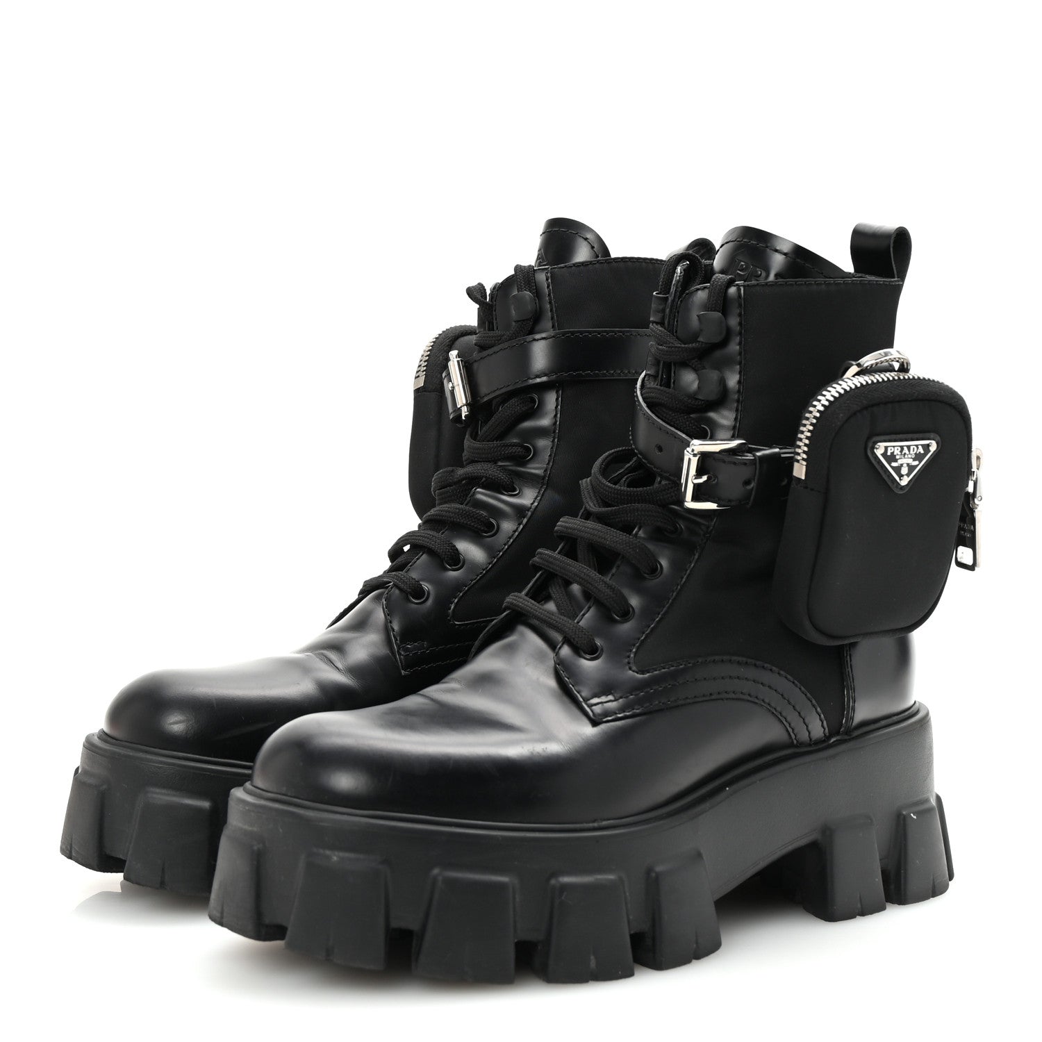 Prada Spazzolato Rois Nylon Metal Triangle Logo Monolith Pouch Pocket 55mm Boots 38 Black