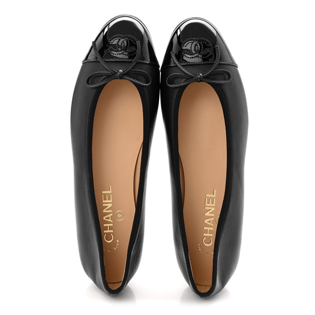Lambskin Patent Cap Toe Ballerina Flats 40 Black