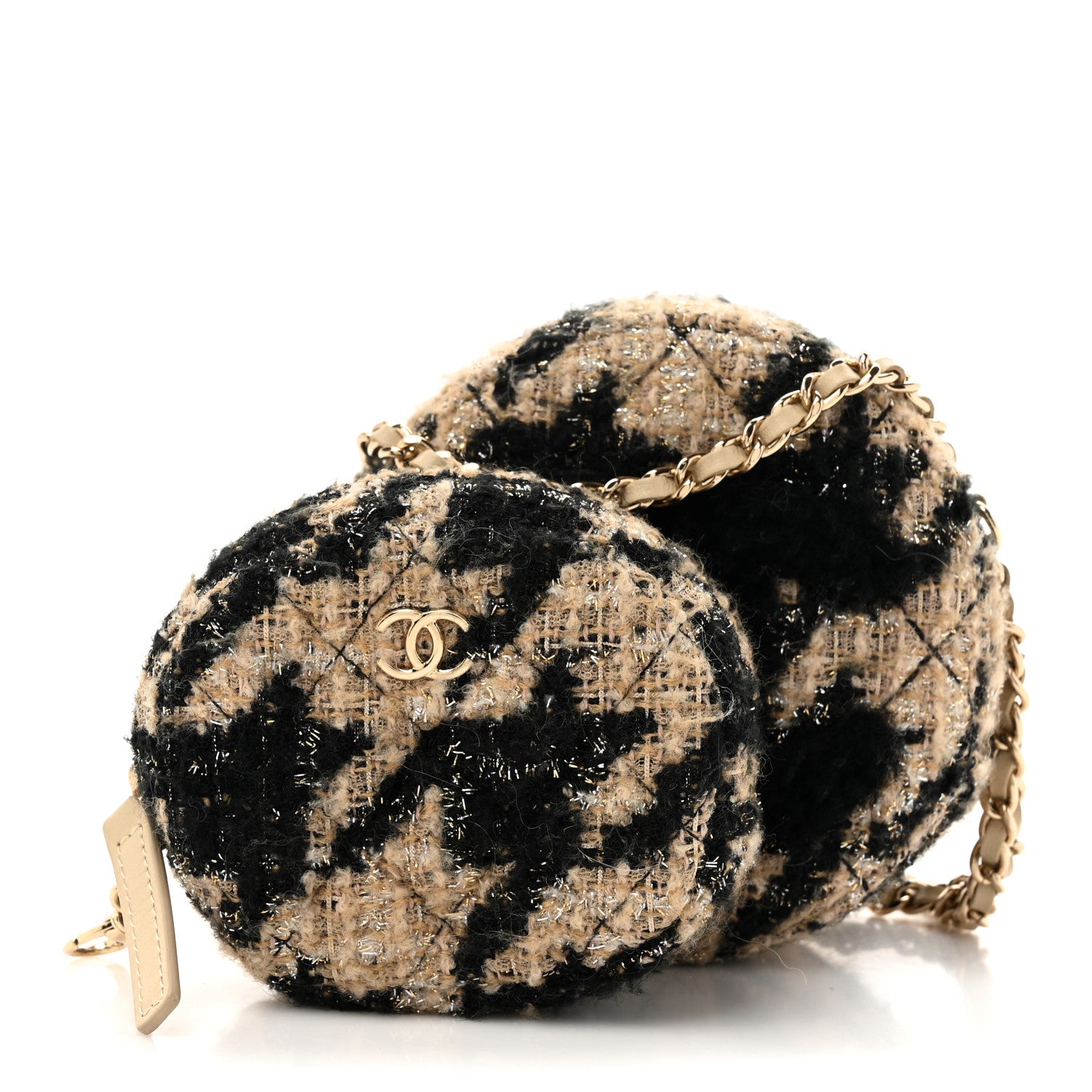 Chanel Tweed Shearling Round Clutch With Chain and Coin Purse Beige Black