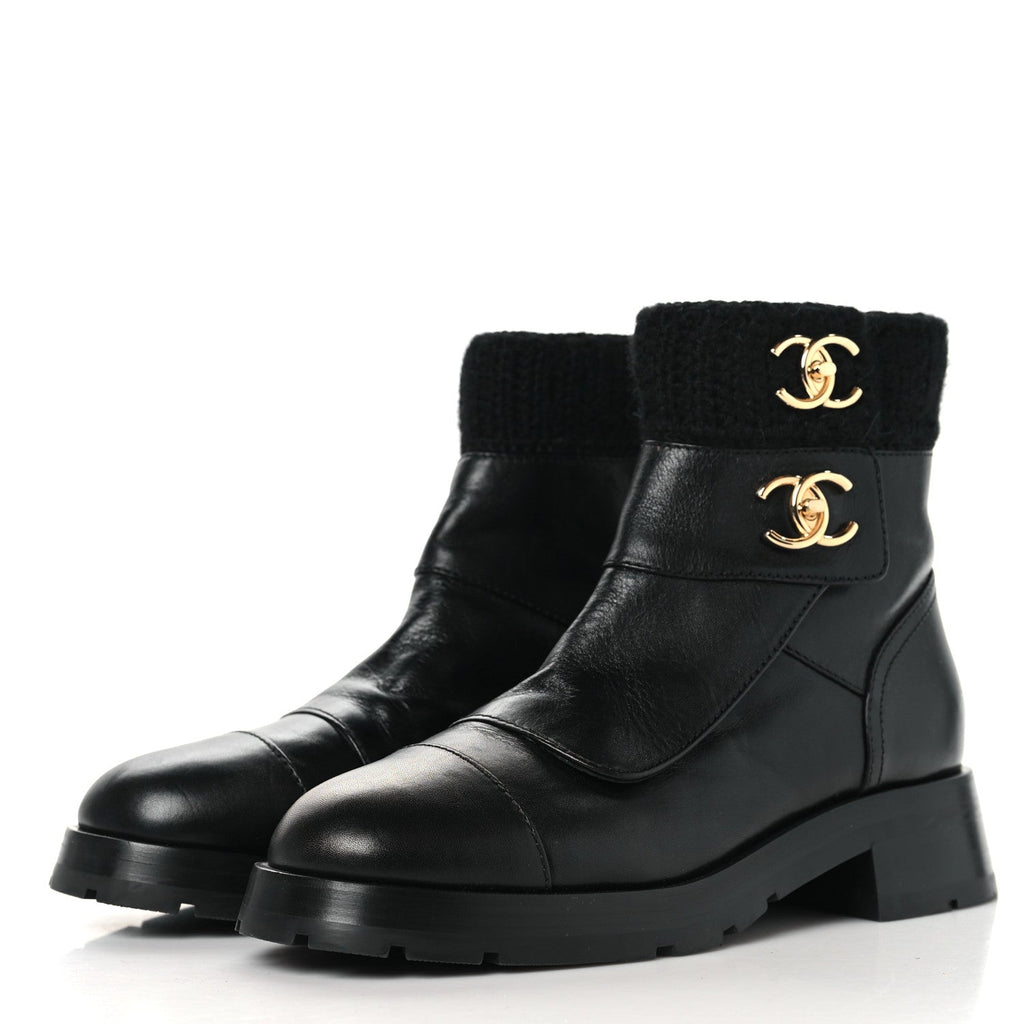 Calfskin Knit CC Short Boots 41 Black
