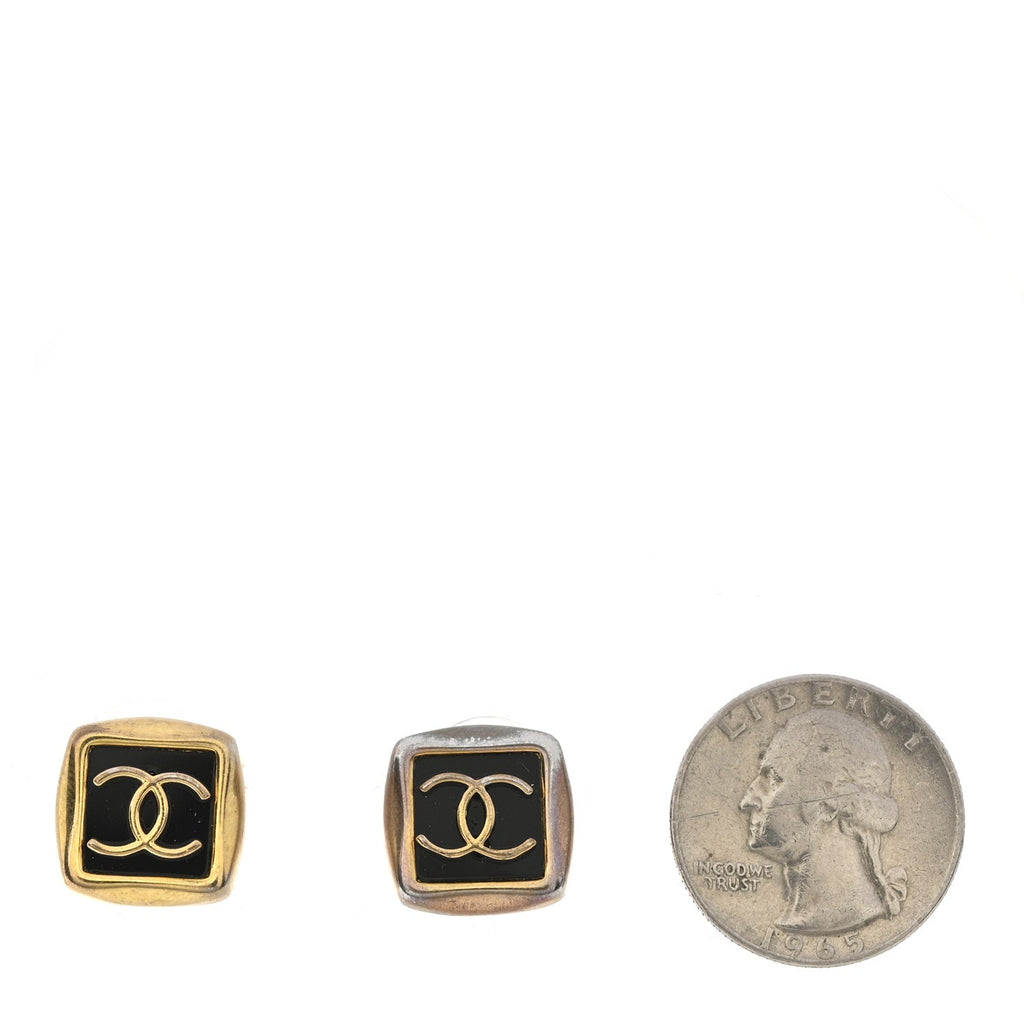 Metal Enamel CC Square Earrings Gold Black