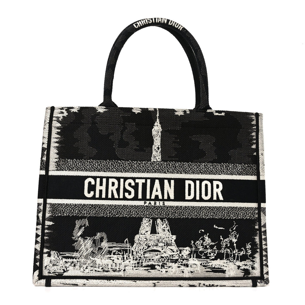 Christian Dior Canvas Embroidered Medium Paris Book Tote Black White