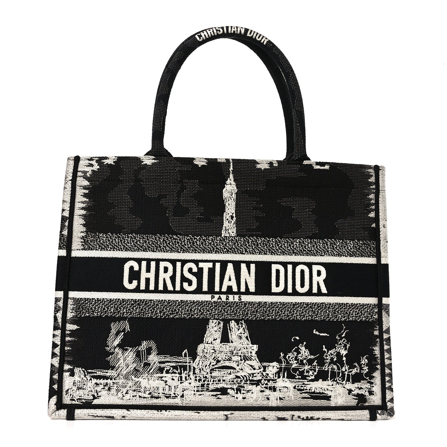 Christian Dior Canvas Embroidered Medium Paris Book Tote Black White