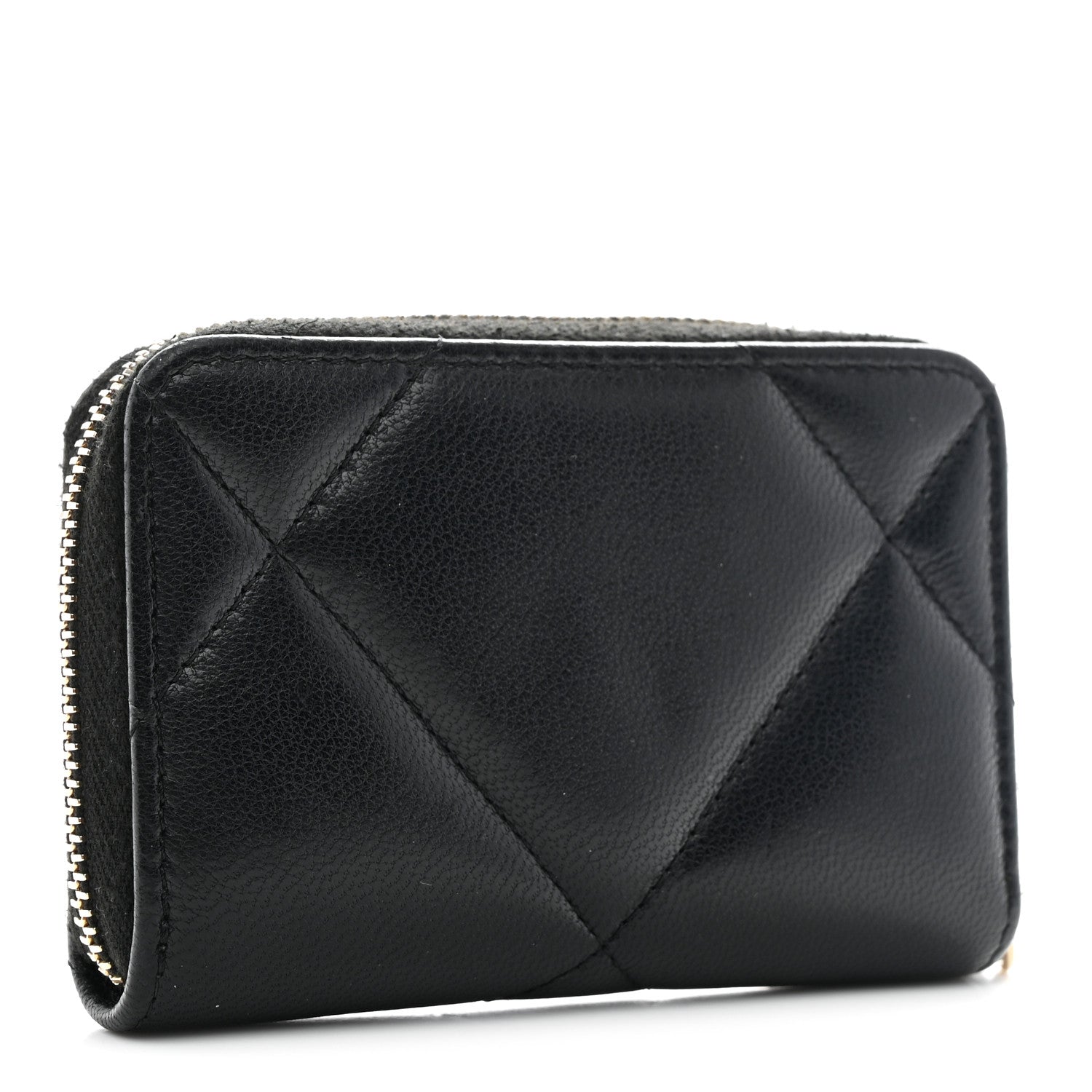 Lambskin Quilted Chanel 19 Zip Around Coin Purse Wallet Black