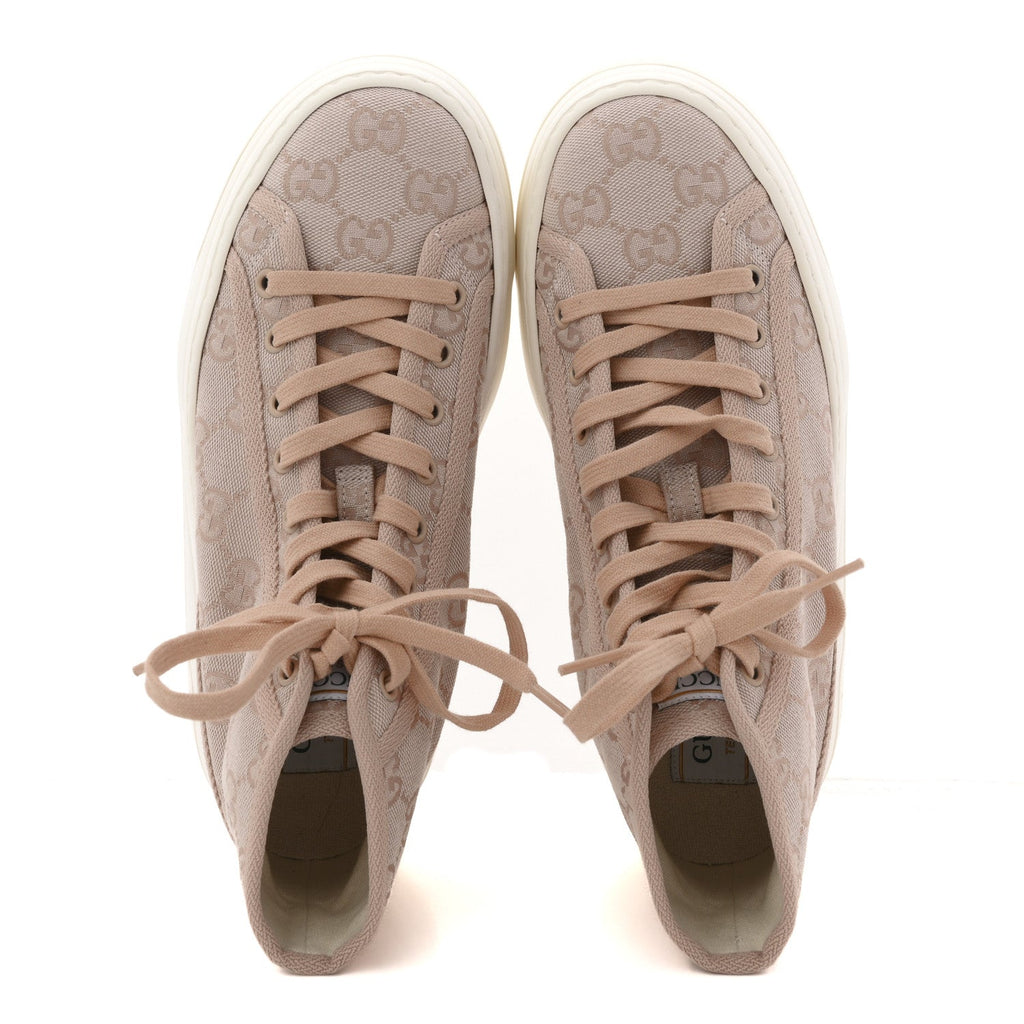 Gucci New Canvas GG Monogram Womens Tennis 1977 High Top 55mm Platform Sneakers 38 Skin Rose Dark Skin Rose