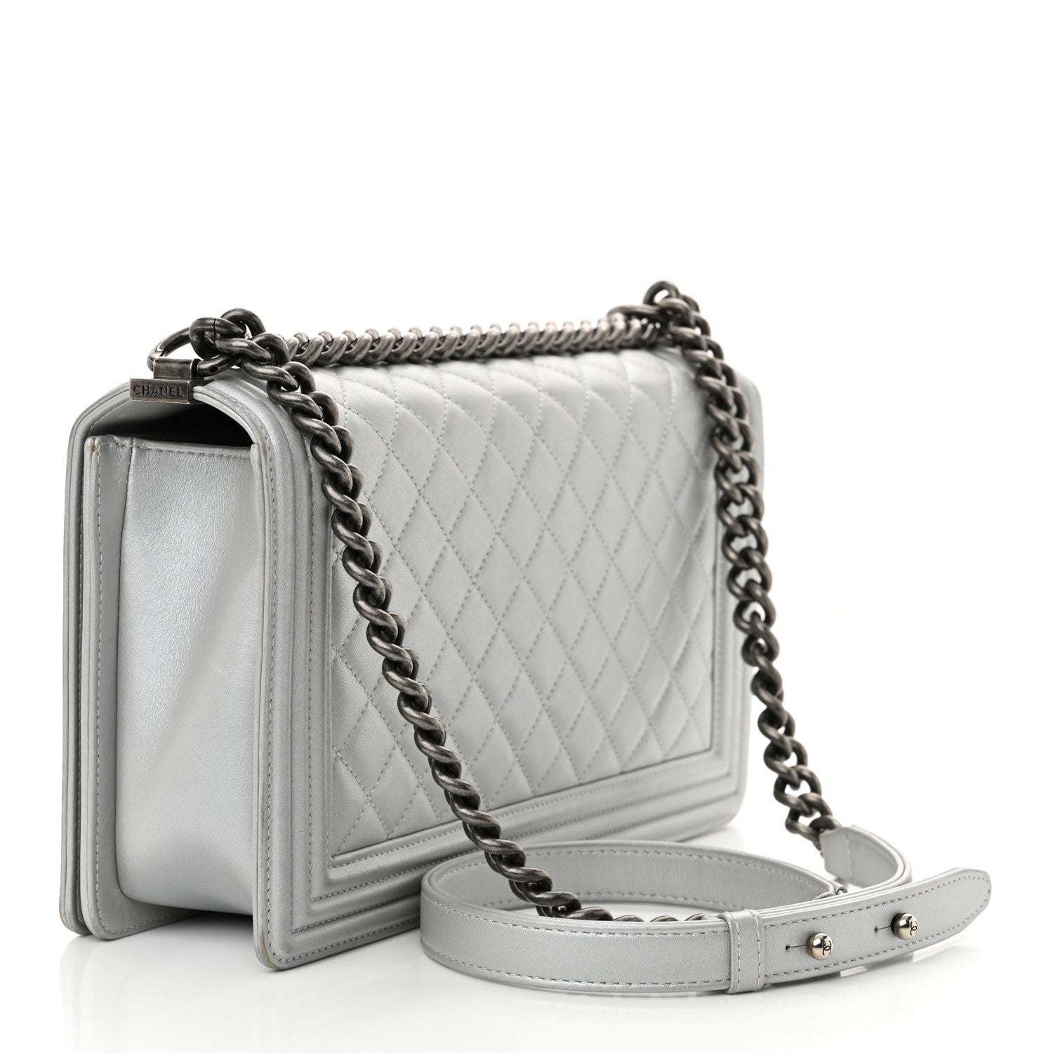 Chanel Metallic Calfskin Quilted New Medium Plexiglass Boy Flap Silver