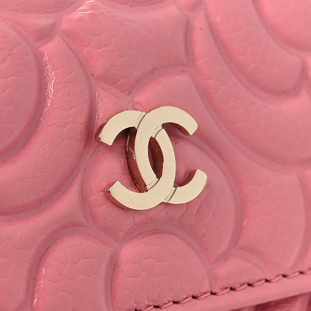 Caviar Camellia Embossed Card Holder Wallet Pink