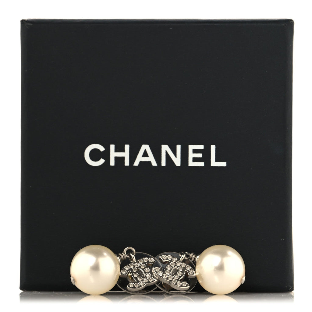 Crystal Pearl CC Drop Earrings Silver Pearly White