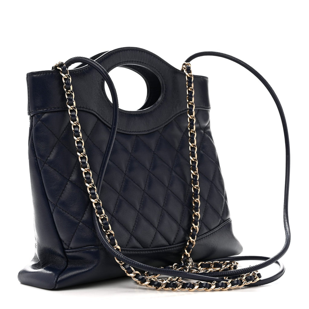 Chanel Shiny Crumpled Calfskin Quilted Mini 31 Shopping Bag Navy Blue