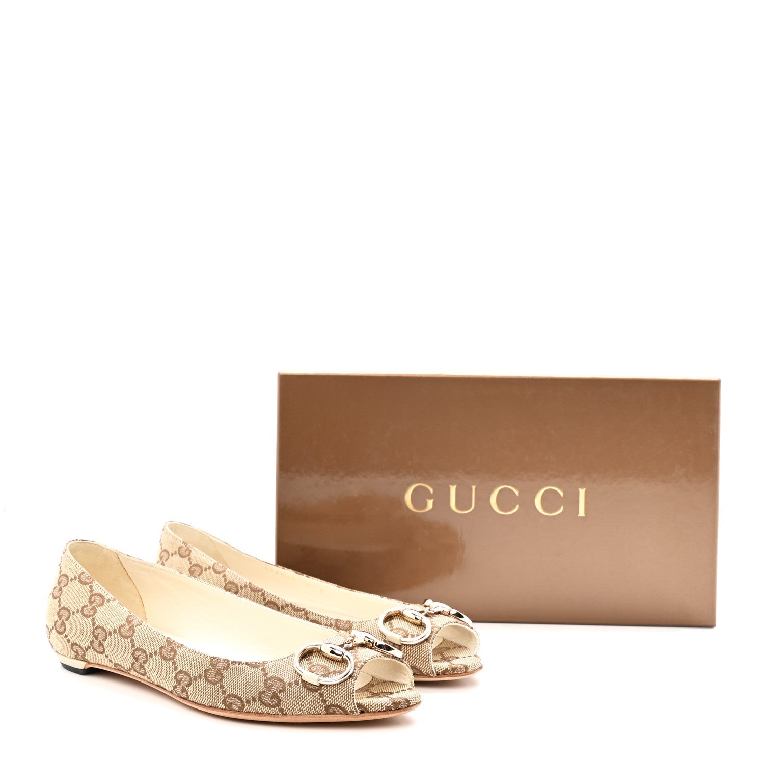 Gucci Monogram Miro Soft Calfskin Womens Horsebit Peep Toe Flats 6 Beige Ebony Mystic White