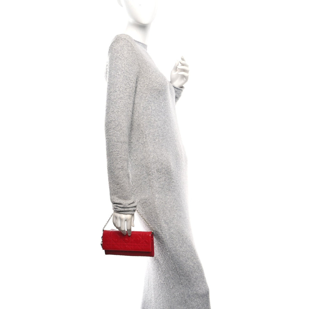Christian Dior Patent Cannage Lady Dior Rendezvous Wallet On Chain Red