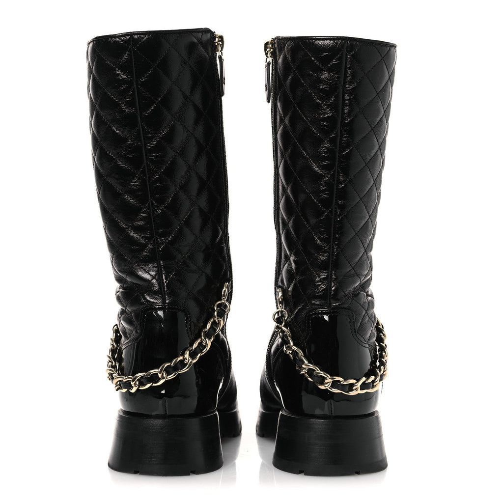 Chanel Shiny Calfskin Patent Quilted Chain Lace Up Combat Long Boots 37 Black