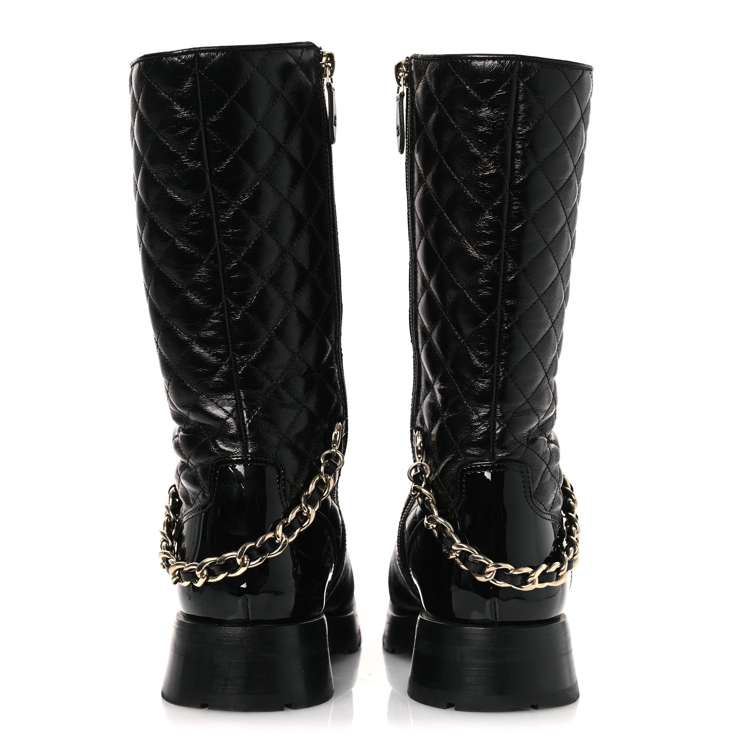 Chanel Shiny Calfskin Patent Quilted Chain Lace Up Combat Long Boots 37 Black