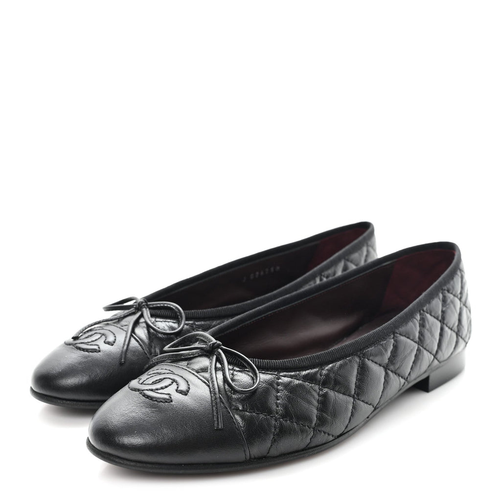 Aged Calfskin Quilted CC Cap Toe Ballerina Flats 37.5 Black