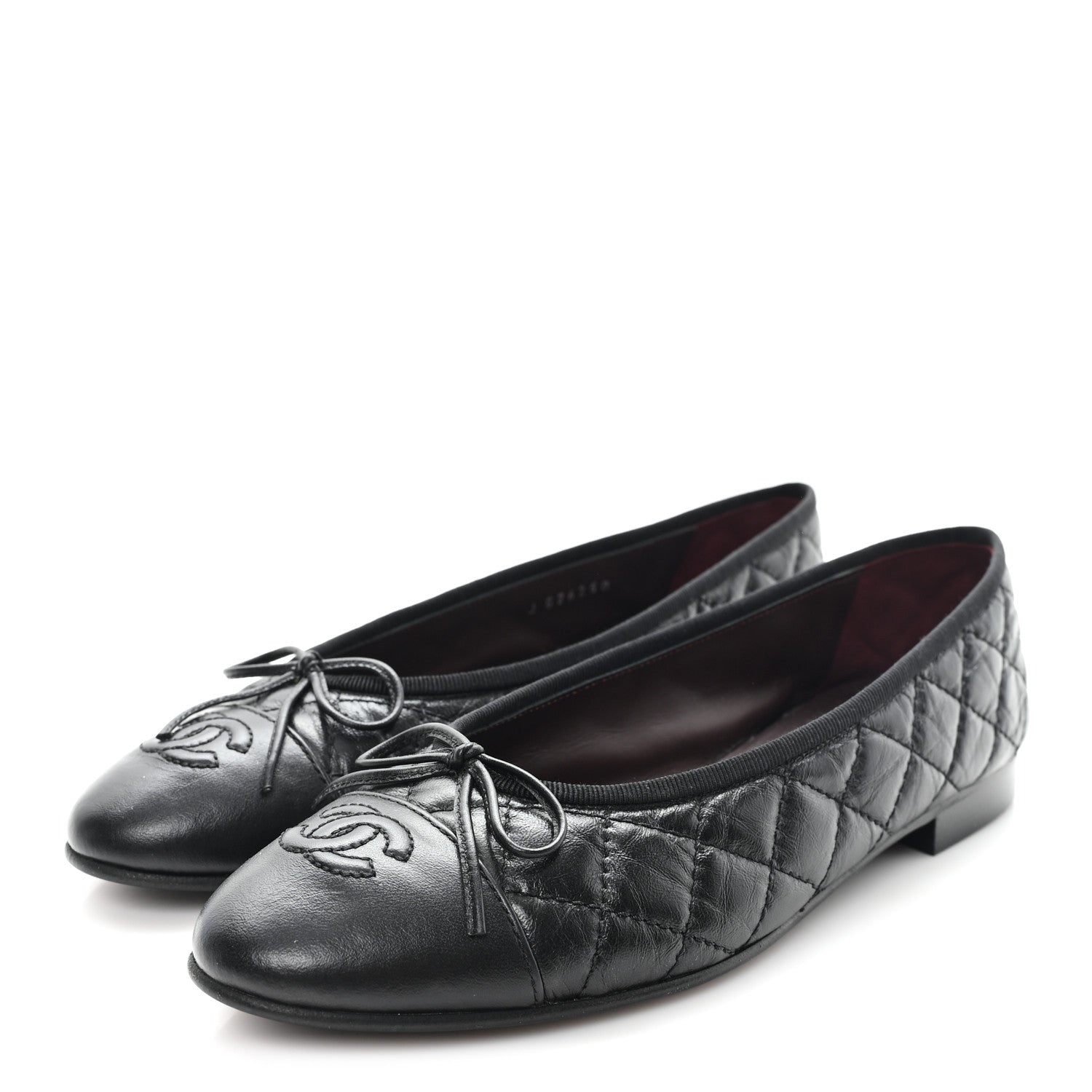 Aged Calfskin Quilted CC Cap Toe Ballerina Flats 37.5 Black