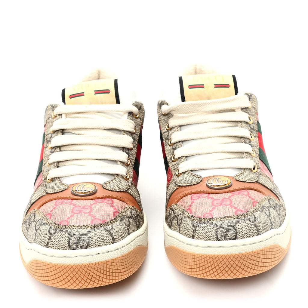 Gucci GG Supreme Monogram Harness Calfskin Web Womens Screener Sneakers 39 Beige Ebony Rosso Harness Brown