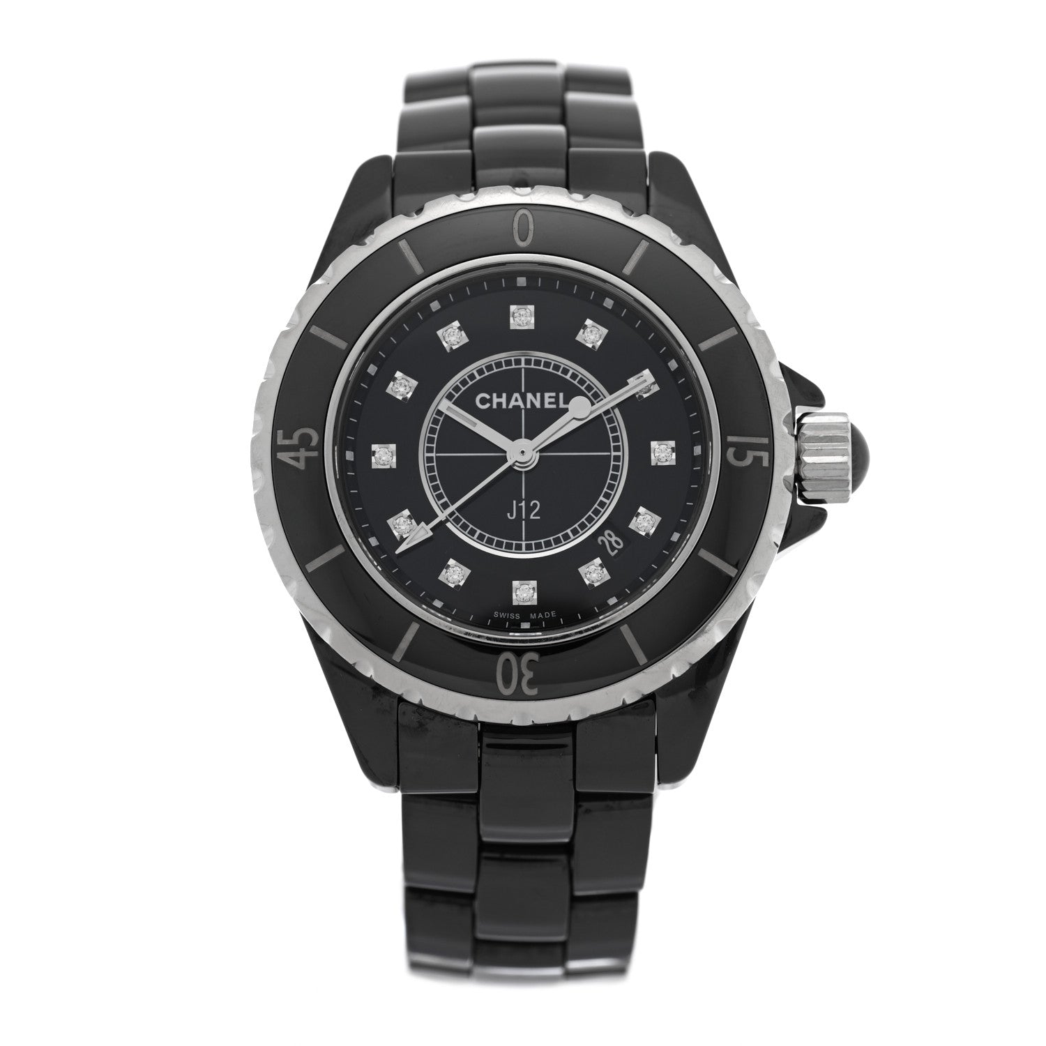 Chanel Stainless Steel Ceramic Diamond 33mm J12 Quartz Watch Black