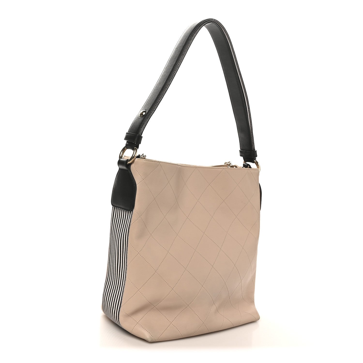 Chanel Calfskin Stitched Large Stripe Hobo Beige Black