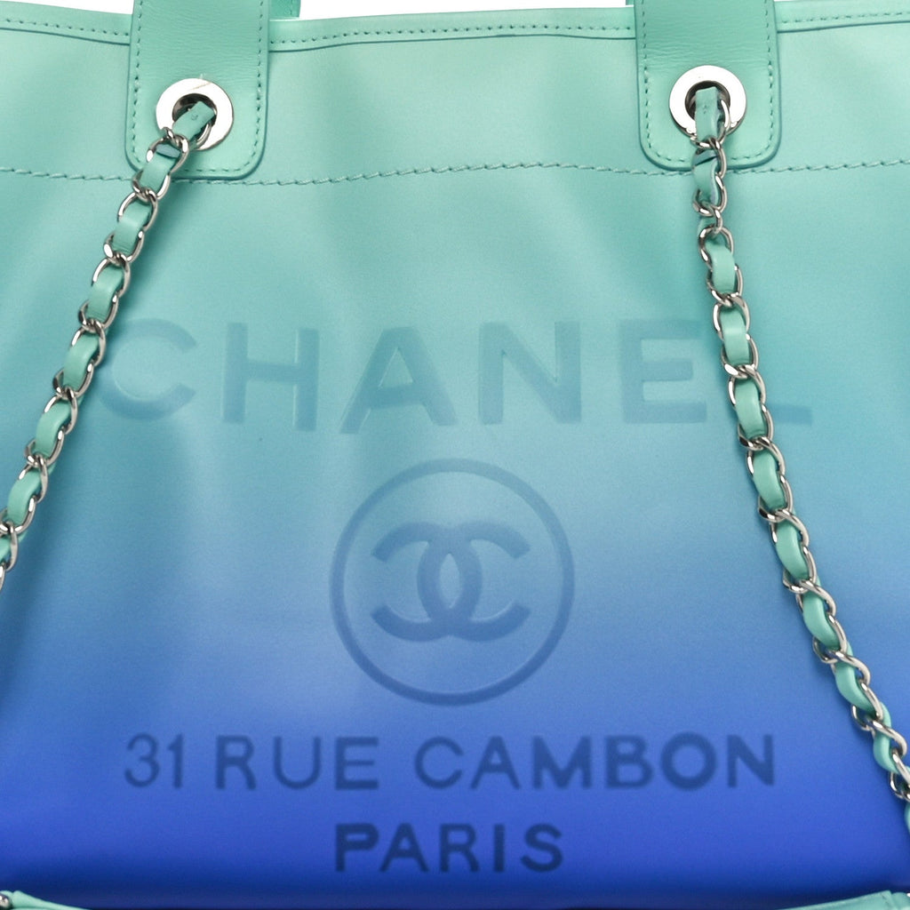 Chanel Shaded Calfskin Small Deauville Tote Light Green Turquoise Purple