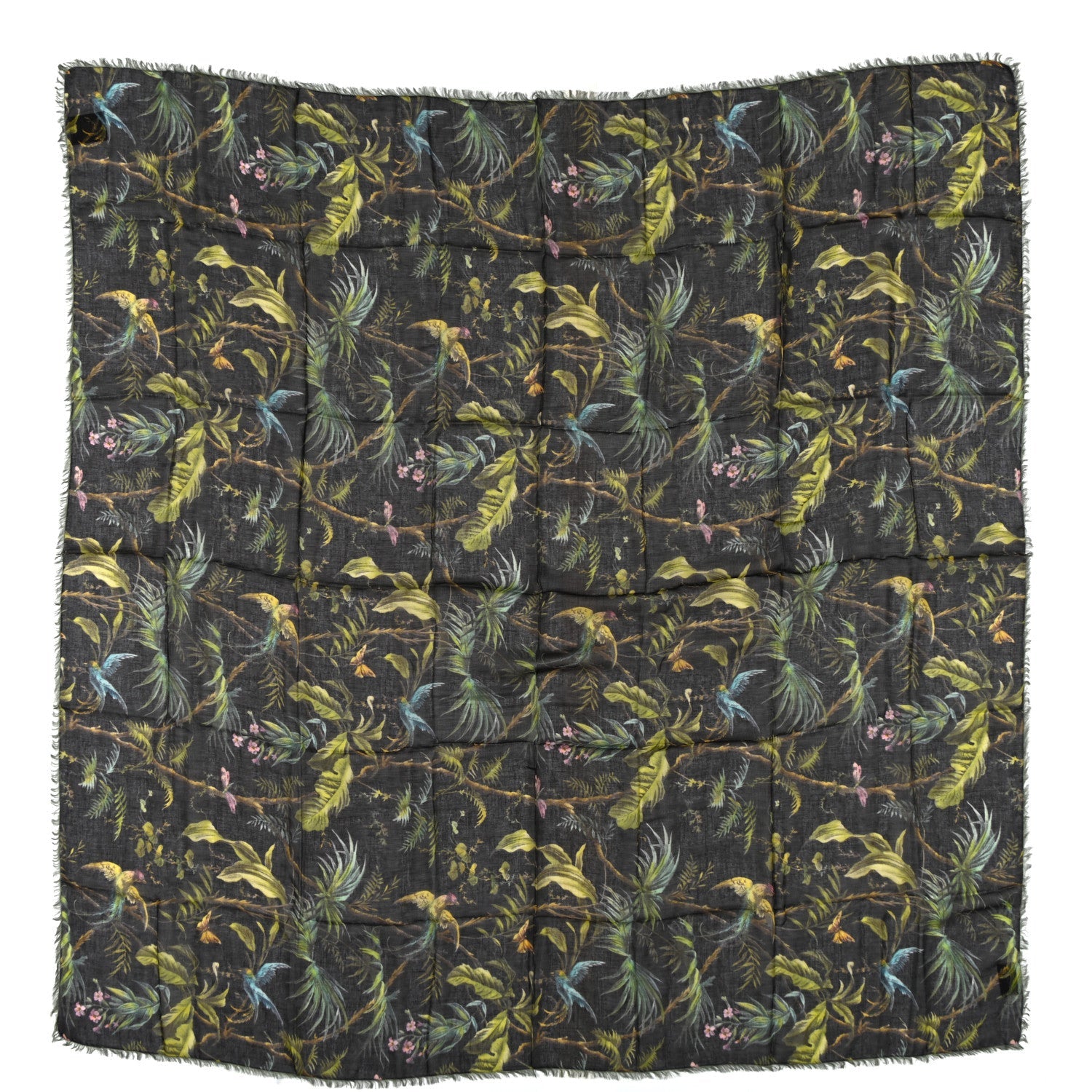 Gucci Modal Wool Tropical Print Shawl Scarf Black Multi