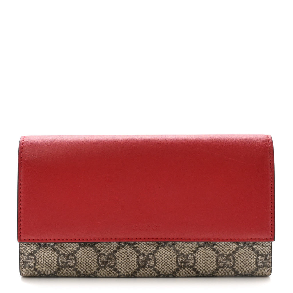 Gucci GG Supreme Monogram Calfskin Continental Wallet Beige Ebony Hibiscus Red New Rosette