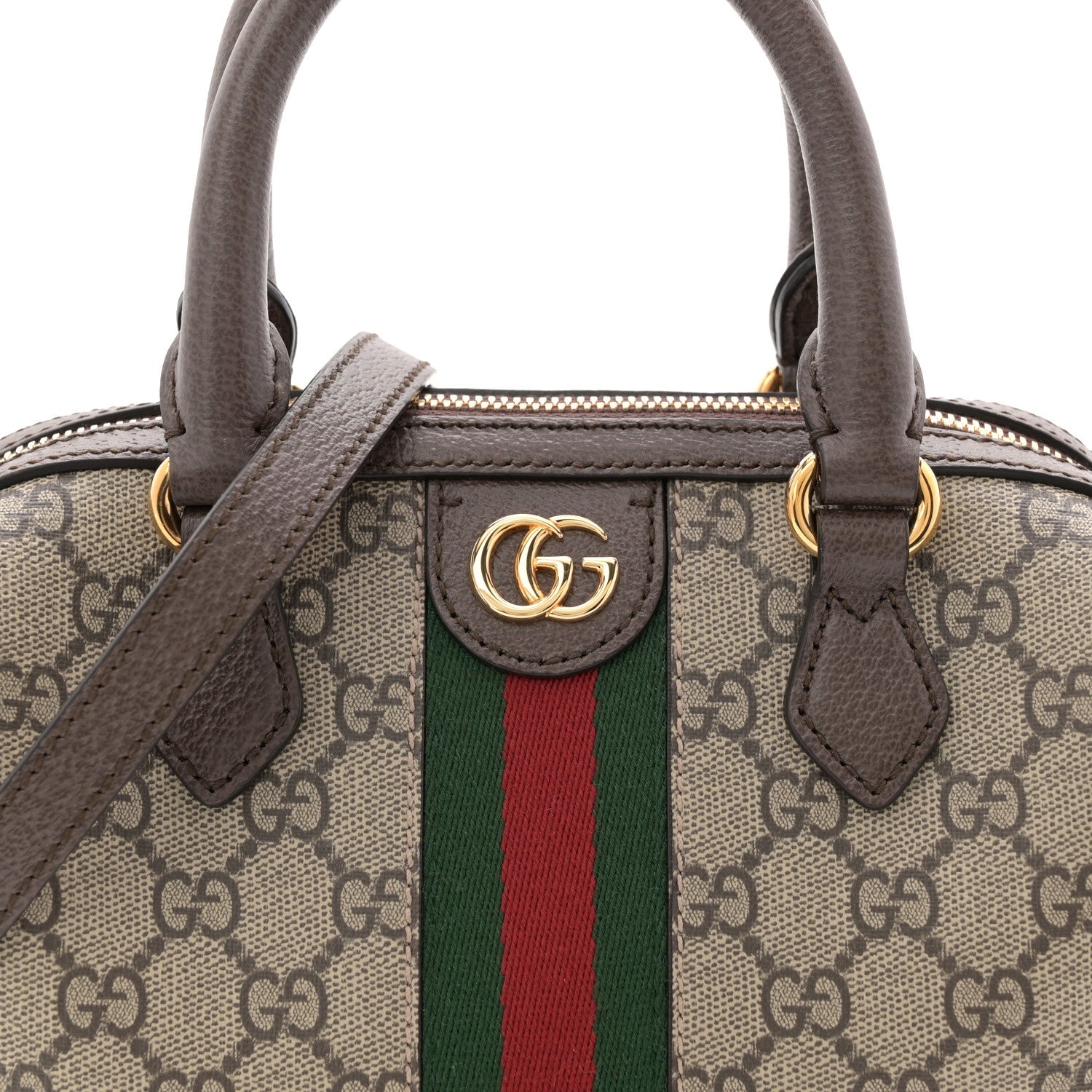 Gucci GG Supreme Monogram Textured Dollar Calfskin Web Mini Ophidia Top Handle Bag Beige Ebony New Acero