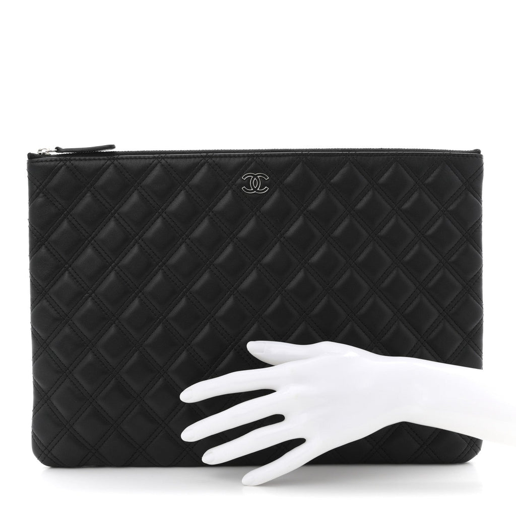 Lambskin Double Stitch Quilted Cosmetic Case Black