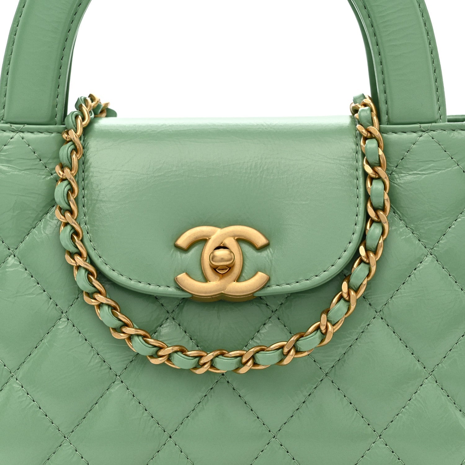 Chanel Shiny Aged Calfskin Quilted Nano Kelly Shopper Light Green