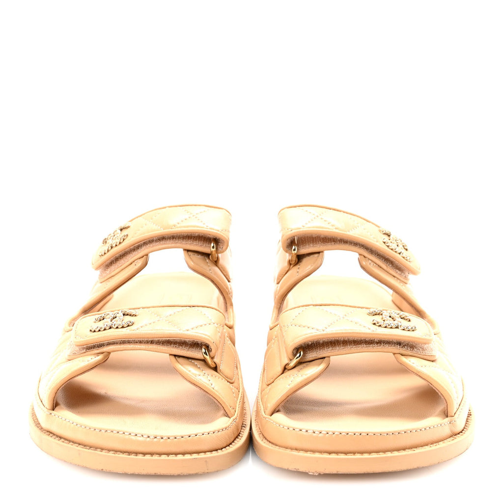 Lambskin Quilted Velcro Dad Chain CC Slide Sandals 39.5 Beige