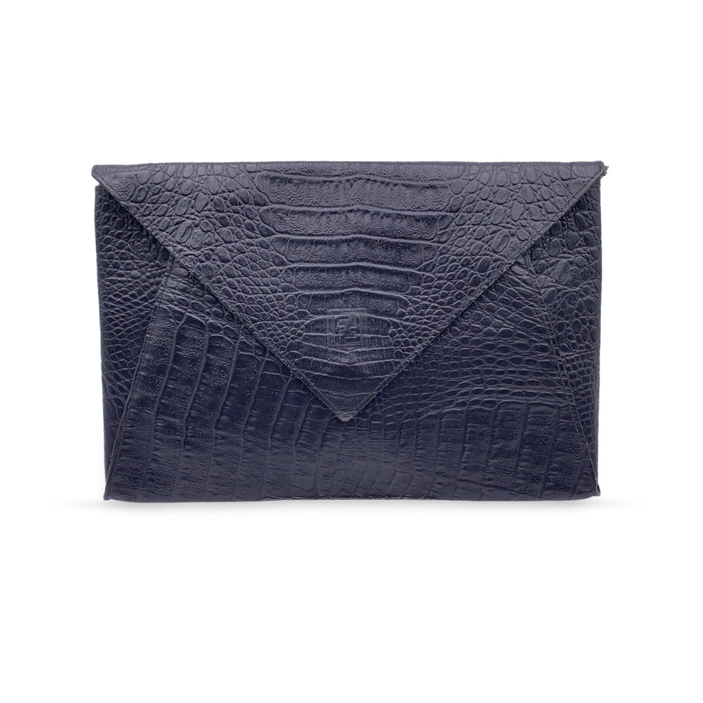 FENDI Vintage Black Embossed Portfolio Envelope Clutch Bag With Strap
