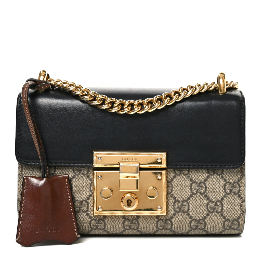 Gucci GG Supreme Monogram Calfskin Small Padlock Shoulder Bag Beige Black Cuir
