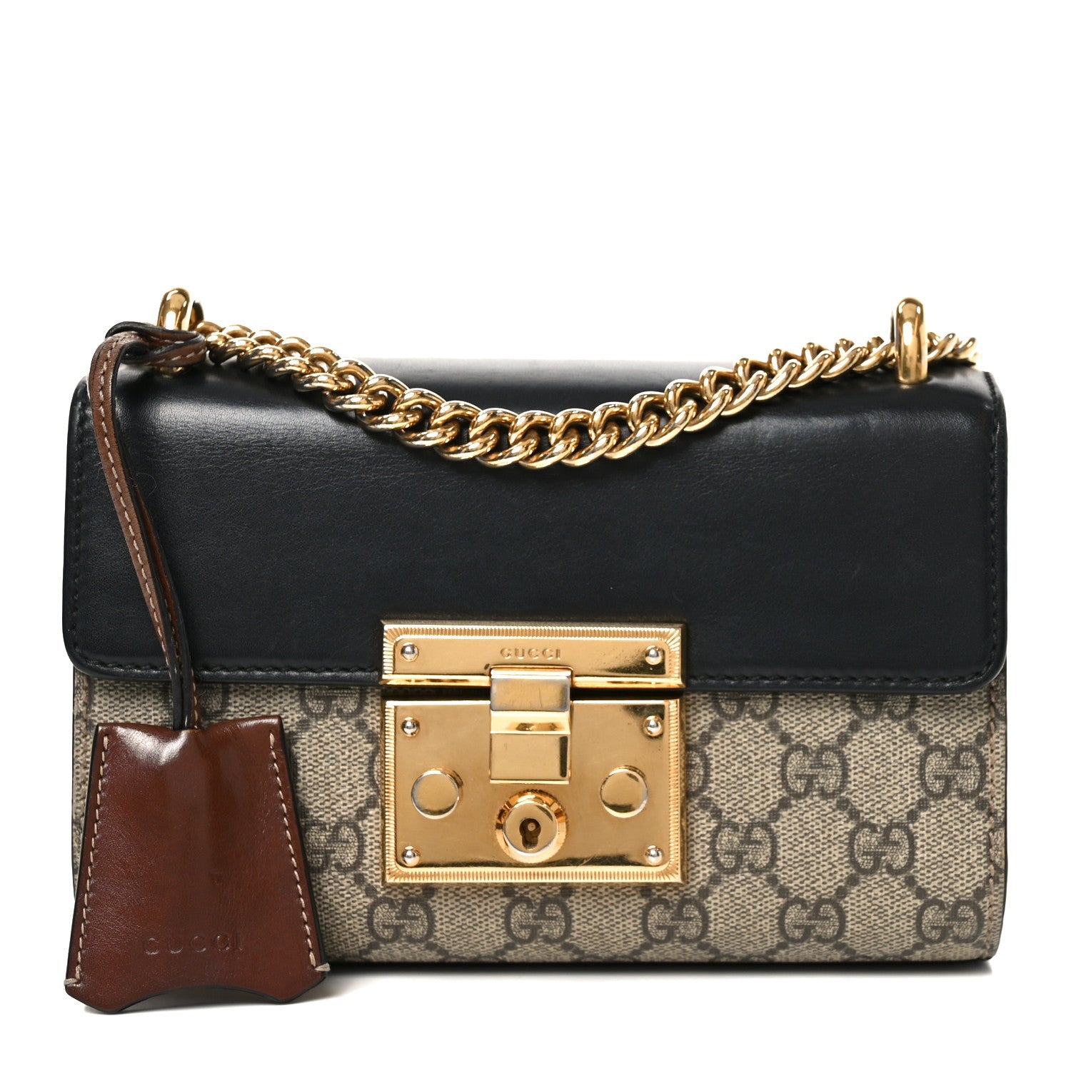 Gucci GG Supreme Monogram Calfskin Small Padlock Shoulder Bag Beige Black Cuir