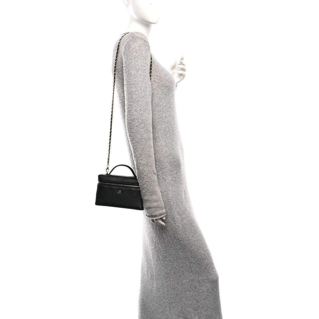 Chanel Goatskin Stitched Top Handle Slim Vanity With Chain Black